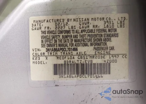 2012 Nissan Sentra 2.0 Sr z USA, uszkodzony, nr VIN 3N1AB6AP0CL701466